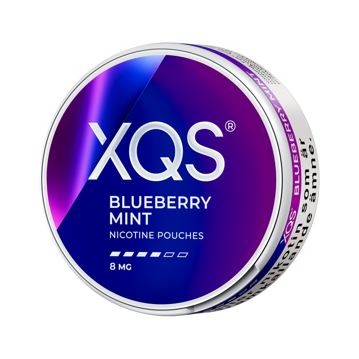 XQS Blueberry Mint 8mg can, left side