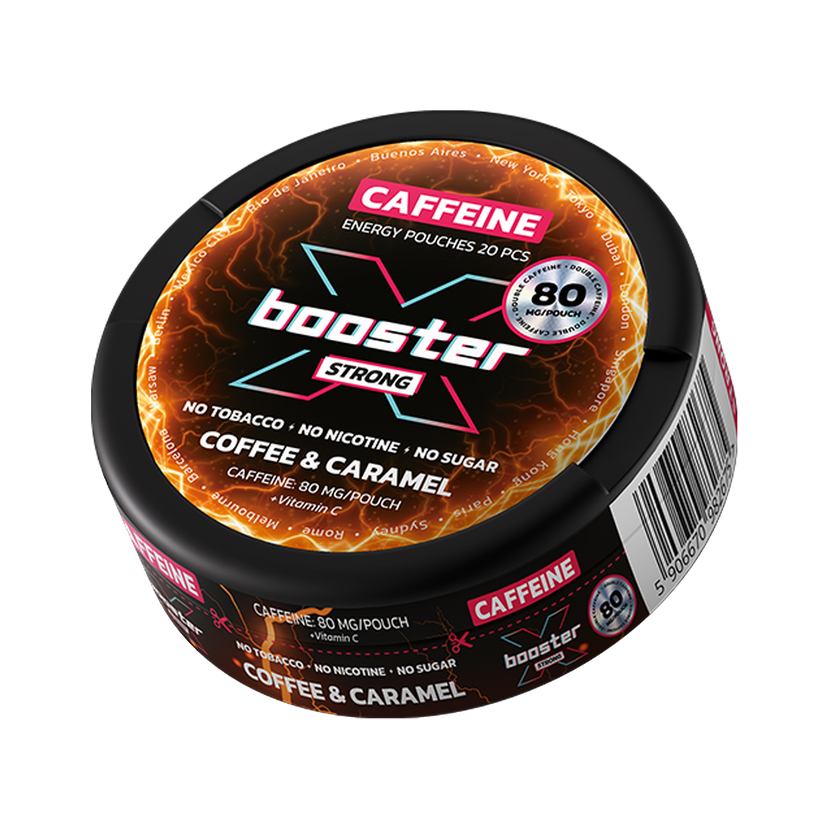 X-BOOSTER Coffee & Caramel Koffein can, front