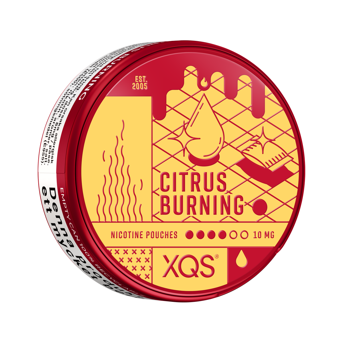 XQS Citrus Burning Slim 10 mg nicotine pouches, can angled showing side declaration