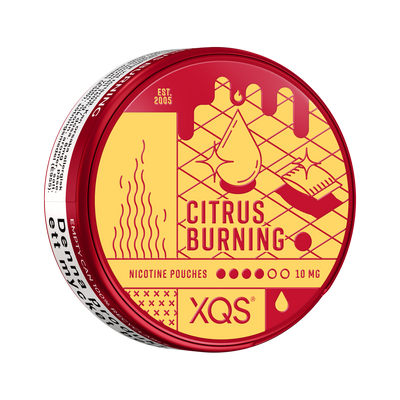 XQS Citrus Burning Slim 10 mg nicotine pouches, can angled showing side declaration