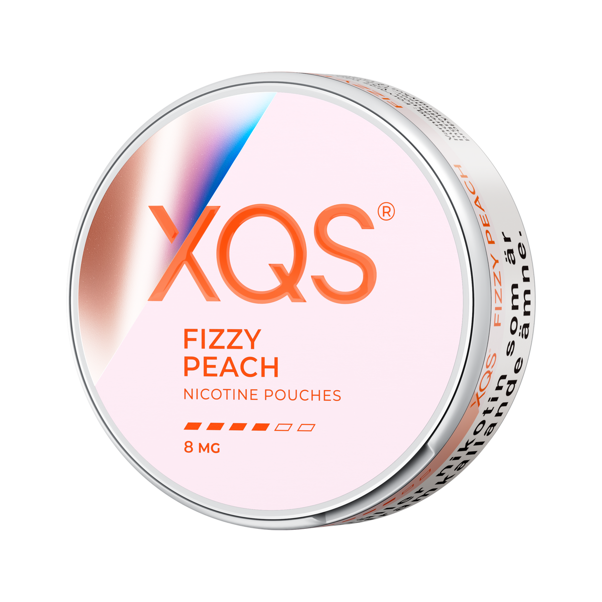 XQS Fizzy Peach 8mg can, left side