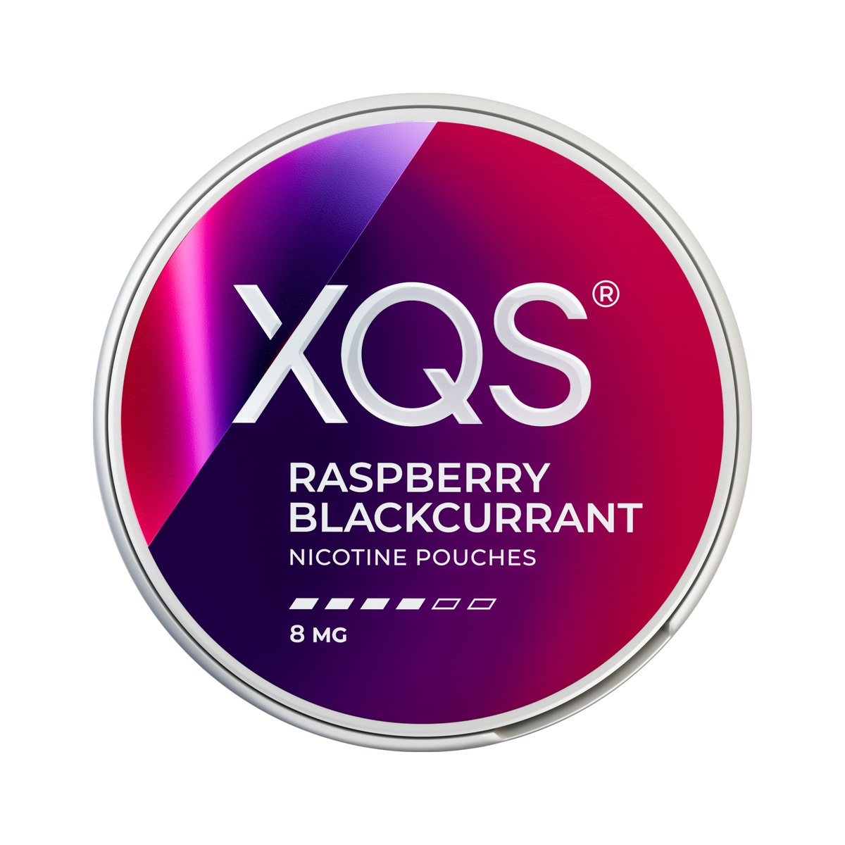 XQS Raspberry Blackcurrant 8mg can, front